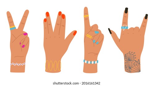 Hand drawn gestures. Trendy flat composition with palms. Isolated vector illustration for poster, card, T-short print, banner. The concept for manicure, skincare, nail care, spa.