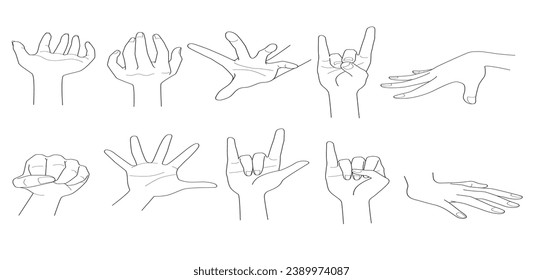 Hand drawn hand gestures vector illustration. 10 different shapes of hand gestures.