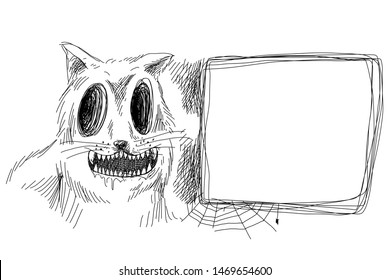 hand drawn ghost cat have big hole eye with text box frame
