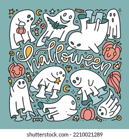 Hand Drawn Ghost Doole Sketch with Ghost characters and Calligraphy lettering Text. Phantoms Collection Icons for Halloween Banners, Cards, Posters. Childish Scary spook. Vector linear Illustrations