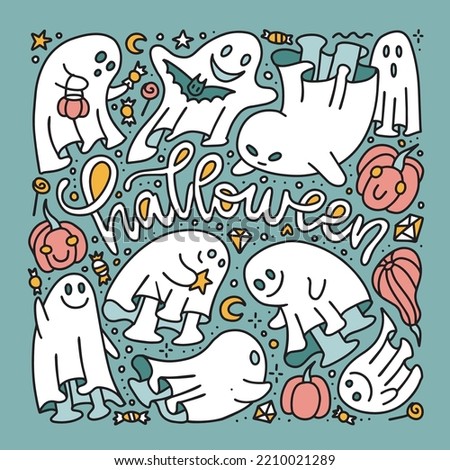Hand Drawn Ghost Doole Sketch with Ghost characters and Calligraphy lettering Text. Phantoms Collection Icons for Halloween Banners, Cards, Posters. Childish Scary spook. Vector linear Illustrations