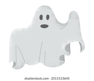 Hand drawn ghost with grunge texture. Frightening fiction character design for Halloween isolated on white background. Good for decoration and stickers