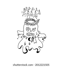 Hand drawn ghost icon with candles. Vector illustration.
Isolated doodle outline design for halloween logo, banner, poster.