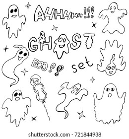 Hand Drawn Ghost Set Sketch with Calligraphy Text. Phantoms Collection Drawing Icons for Halloween Banners, Cards, Posters. Childish Scary Doodle. Vector Illustrations for Design.