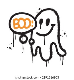 Hand drawn ghost with word - boo - in bubble. textuted urnab graffiti elements for halloween print design, poster, banner, cover, invitation, sticker, t-shirt. Sprayed vector illustration.