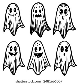 Hand drawn ghosts with different faces on a white background