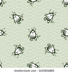 Hand drawn giant fruit bug beetle realistic cartoon vector pattern. Cute garden pest bug. Athropod naive doodle of winged biological insect on grass background. Wildlife all over print. 