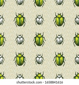 Hand drawn giant fruit bug realistic cartoon vector pattern. Cute garden pest bug. Athropod naive doodle winged green and white beetle biological insect on grass background. Wildlife all over print. 