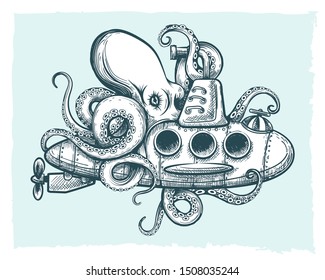 Hand drawn Giant octopus plays with a submarine. Vector illustration.