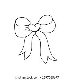 Hand drawn gift bow. Beautiful bow for your favorite gift, decorative icon, Drawn Black Outline Thin Line on a White Background. Vector Stock Illustration - Vector Graphic.