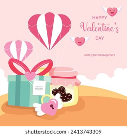 Hand Drawn Gift Box, Air Balloon, Chocolate Jar, Valentine's Day Background  