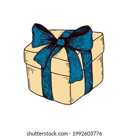Hand drawn gift box with a bow isolated on white. Vector illustration in sketch style