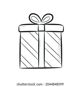 Hand drawn gift box with bow. Black linear icon gift box isolated on white background. Vector illustration.