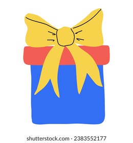 Hand drawn gift box with bow. Birthday present. Bright decorative element. Color flat vector illustration isolated on a white background