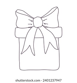 Hand drawn gift box with bow. Birthday present. Outline doodle vector black and white illustration isolated on a white background.