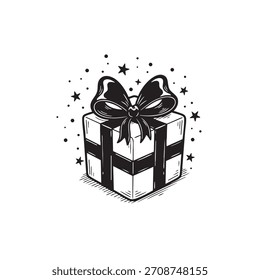 Caixa de presente desenhada à mão com arco e estrelas ilustração vetor. Ícone presente de esboço de rabiscar preto e branco isolado.
