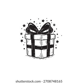 Hand Drawn Gift Box with Bow and Stars Vector Illustration. Black and White Doodle Sketch Present Icon Isolated.
