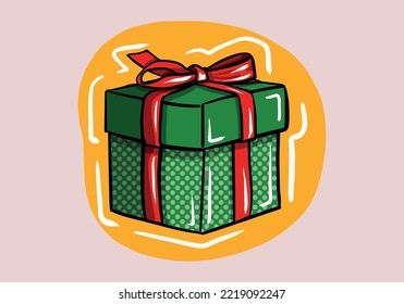 Hand drawn gift box. Cartoon green giftbox with the red satin bow and dots decoration, isolated on background.