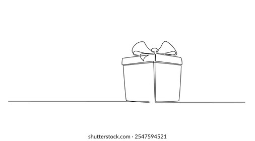 Hand drawn gift box continuous one line icon. Present with ribbon bow single line vector illustration in doodle style. Contour linear sign design