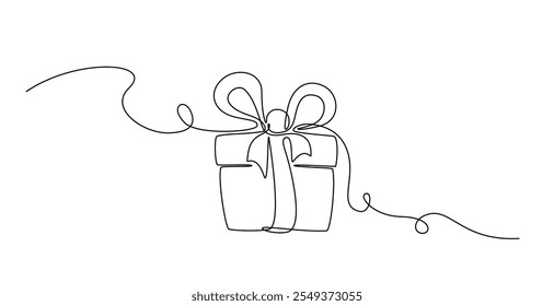 Dibujado a mano caja de regalo continuo icono de una línea. Presente con la Ilustración vectorial de la sola línea del arco de la cinta en estilo del doodle. Diseño de signo lineal de contorno