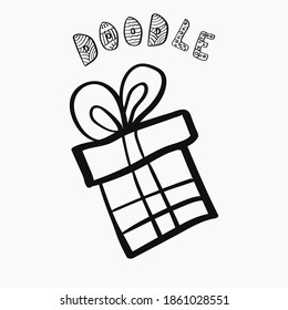 Hand drawn gift box in doodle style for celebrating Christmas and New Year. Hand drawn isolated vector icon.