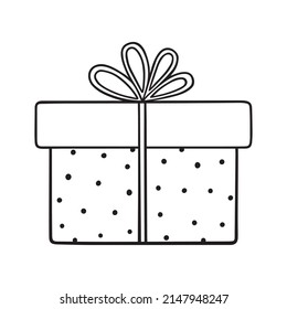 Hand drawn gift box doodle.  Present box with bow and ribbon in sketch style. Vector illustration isolated on white background.