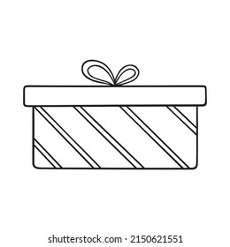 Hand drawn gift box doodle.  Present box with bow and ribbon in sketch style. Vector illustration isolated on white background.