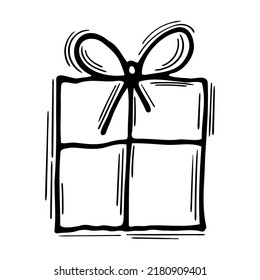 Hand drawn gift box. Doodle present with ribbon. Surprise. Birthday, wedding, Christmas. Vector illustration