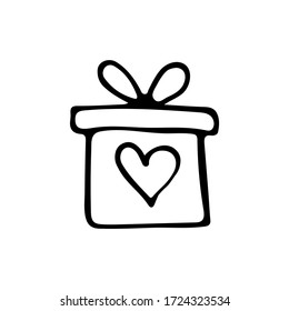 Hand drawn gift box with heart on white background in vector. Doodle gift box in vector. Hand drawn peresnt box vector illustration