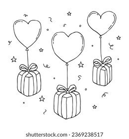 Hand drawn gift box with heart shape air balloon.