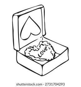 Handgezeichnete Geschenkbox mit herzförmigem Kuchen und Liebestext in schwarz-weißer Linie Kunststil. Romantische Dessert-Illustration einzeln auf weißem Hintergrund für Valentinstag, Hochzeit und Liebesdesign