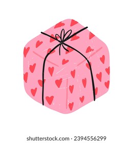 Hand drawn gift box with hearts wrapping paper, cartoon flat vector illustration isolated on white background. Present for birthday or Valentines day. Cute drawing with grunge texture.