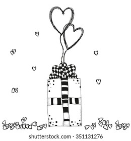 Hand drawn gift box and hearts  in vector. Valentines day. Doodle, zentangle, henna, tribal design elements. Black and white. Made by trace from sketch. Pattern for coloring book.