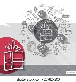 Hand drawn gift box icons with icons background. Vector illustration
