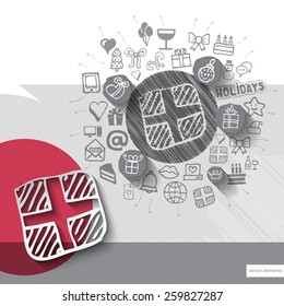 Hand drawn gift box icons with icons background. Vector illustration