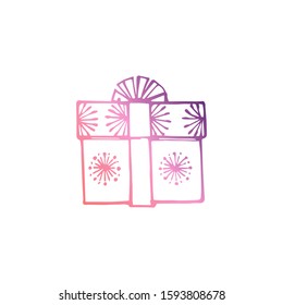 Hand drawn gift box isolated on white background. Gradient from coral and deep violet. Vector illustration