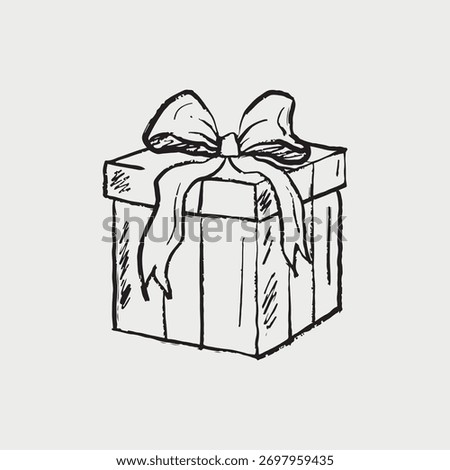 Hand drawn gift box with a large ribbon bow, ideal for birthday, holiday, or celebration themes. Christmas gift box. Vector sketch illustration in vintage crayon charcoal style