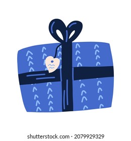 Hand drawn gift box with name tag and ribbon, cartoon vector illustration isolated on white background. Cute Christmas present packaging with bow and ornament.