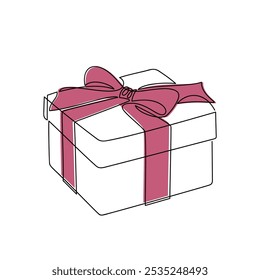 Caja de regalo dibujada a mano con icono de Vector de lazo de cinta rosa. Dibujo continuo de la línea de Navidades. Ilustración festiva, impresión, Anuncio, tarjeta de felicitación, cartel, símbolo, adorno, decoración de vacaciones, regalo de cumpleaños.