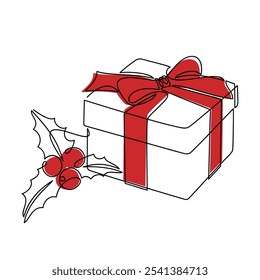 Hand drawn gift box red ribbon bow vector. Holly berry line continuous drawing. Festive illustration, print, greeting card, poster, symbol, Christmas ornament icon holiday decor, birthday present