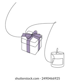 Caja de regalo dibujado a mano arco de cinta aroma vela Vector. Dibujo continuo de una línea. Ilustración de Festiva, ícono de contorno, impresión, tarjeta de felicitación, cartel, signo, símbolo, decoración de adorno, regalo de cumpleaños