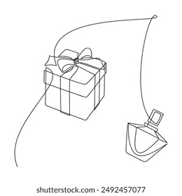 Handgezeichnete Geschenkbox Ribbon Bow Parfümflasche Vektorgrafik. Eine Linie, fortlaufende Zeichnung. Festliche Musik Illustration, Umrisssymbol, Druck, Grußkarte, Poster, Zeichen, Symbol, Ornament Dekor, Geburtstagsgeschenk
