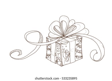 Hand drawn gift box with ribbon. Vector template for decorating new year greeting cards, poster, coloring books, art therapy, antistress, t-shirts. Isolated on white background.