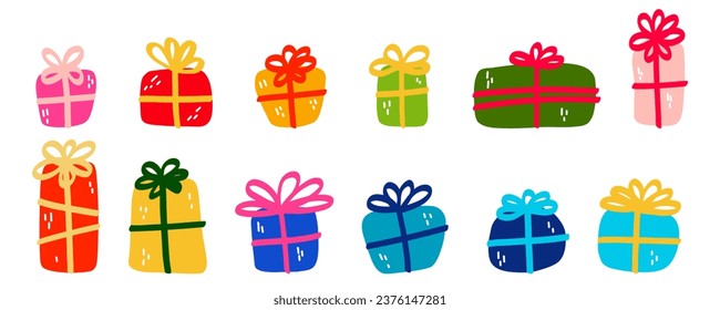 Hand drawn gift box set. Gift for Christmas, birthday, Valentine's day. Flat cartoon colored box isolated on a white background.