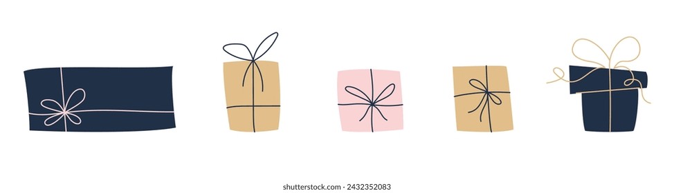 Conjunto de caja de regalo dibujado a mano con lazo de cinta de trazo editable. Elementos aislados para pegatinas, tarjetas, carteles, patrones. Ilustración vectorial de estilo plano