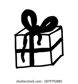 Caja de regalo dibujada a mano. Simple ilustración del doodle. Presente para Navidad o Cumpleaños. Acto de celebración