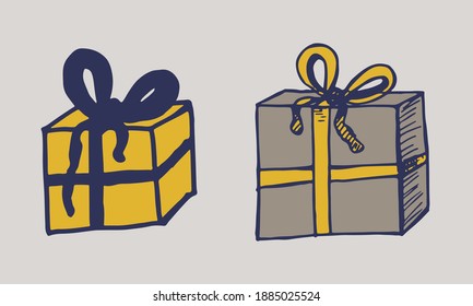Caja de regalo dibujada a mano. Simple ilustración del doodle. Presente para Navidad o Cumpleaños. Acto de celebración