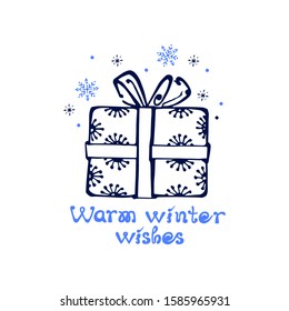 Hand drawn gift box and snowflakes with handwritten text isolated on white background. Inscription: Warm winter wishes