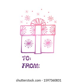 Hand drawn gift box and snowflakes with handwritten text isolated on white background. Inscription: To - From