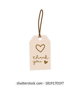Hand drawn gift box tag or sale shopping label with hemp rope and thank you letter with love